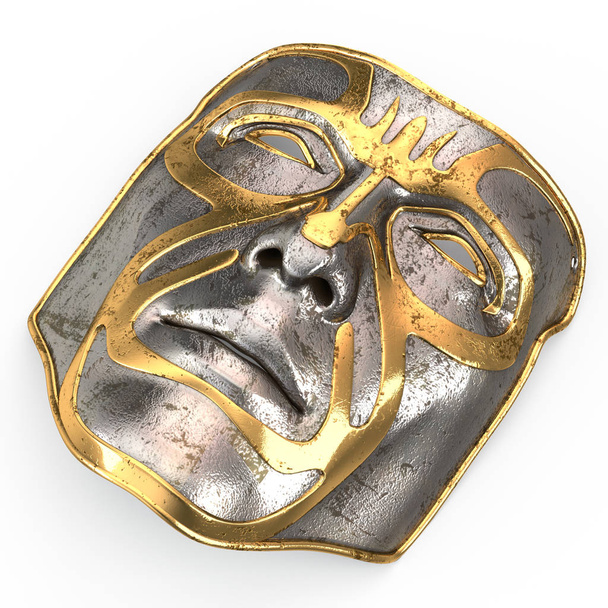 Σίδηρο μάσκα στο πρόσωπο, με το χρυσό ένθετα σε απομονωμένες άσπρο φόντο. 3D απεικόνιση - Φωτογραφία, εικόνα