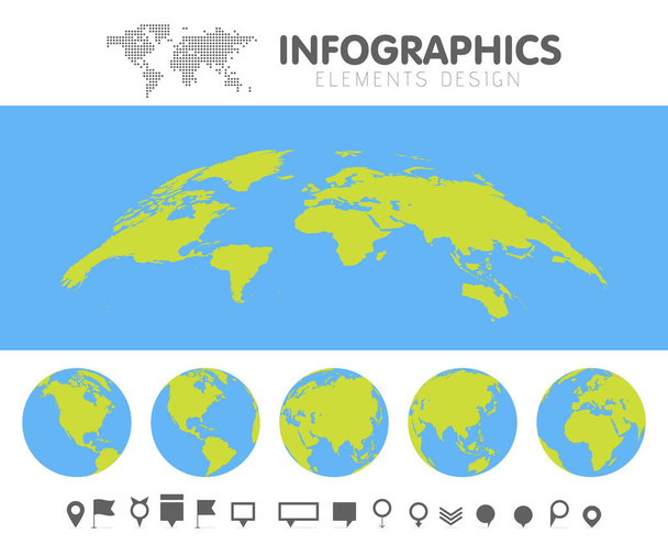 Groene en blauwe cartoon wereld kaart bol en pennen collectie set. Sjabloon voor infographics vectorillustratie - Vector, afbeelding
