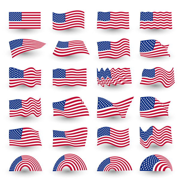 アメリカ合衆国アメリカのシンボルの波状形状の独立記念日フラグを設定します。7 月第 4 ベクトルのロゴの図. - ベクター画像