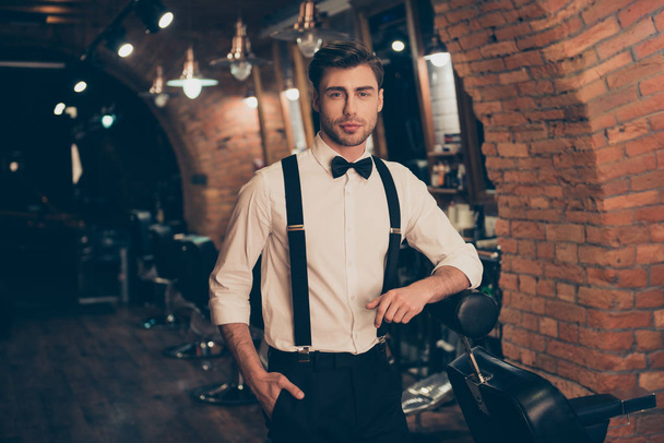 Welcome to barber shop! Handsome  classy dressed brunette guy wi - Foto, Bild