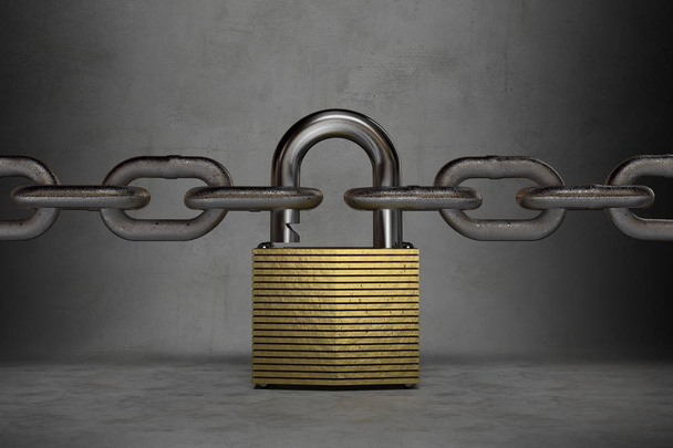 Iron chains connected to a golden padlock - Photo, Image