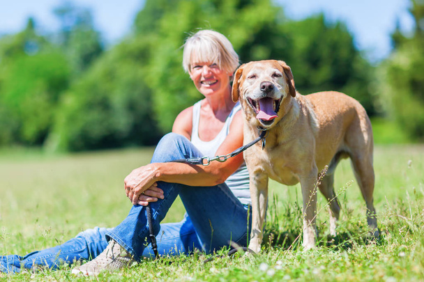 mature woman with a dog outdoor - Foto, Imagem