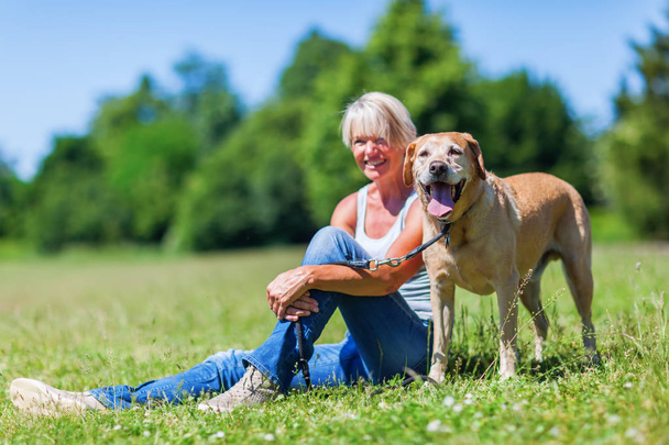mature woman with a dog outdoor - Foto, Imagem