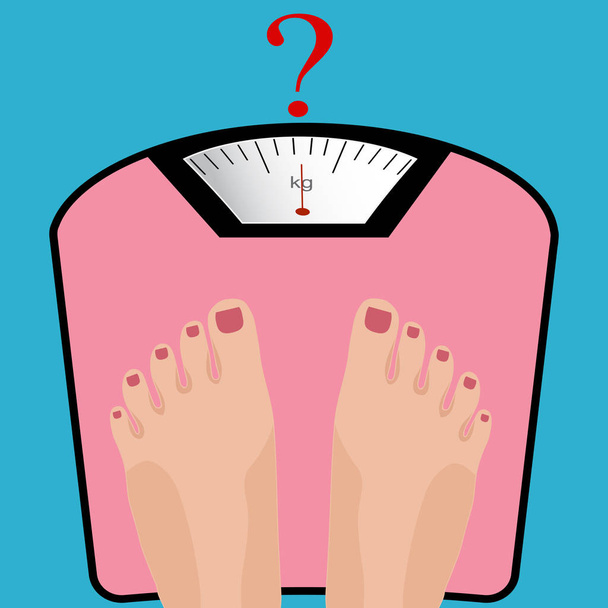Hombre o mujer gordos de pie en báscula de peso con peso pesado
 - Vector, Imagen