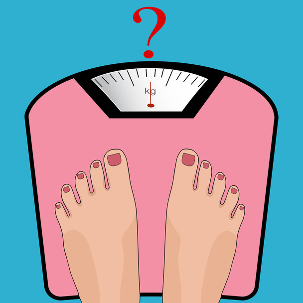 Hombre o mujer gordos de pie en báscula de peso con peso pesado
 - Vector, imagen