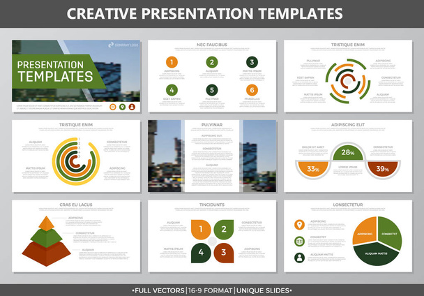 Sarı ve yeşil elemanları ile grafikler ve çok amaçlı sunum şablonu slaytlar için ayarlayın. Broşür, kurumsal rapor, pazarlama, reklam, faaliyet raporu, kitap kapak tasarımı. - Vektör, Görsel