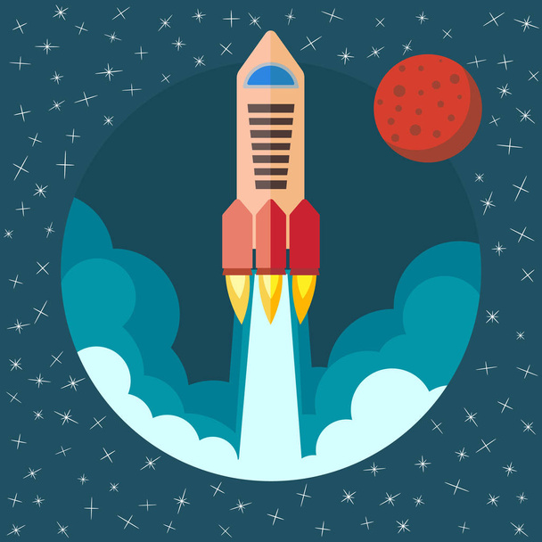Space rocket ship in round piece. Space rocket launch with Mars in the background.  - Vector, Image