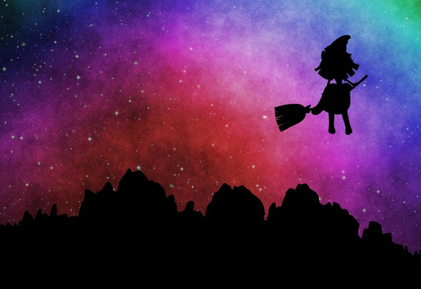 Silueta kreslený čarodějnice létající na koštěti večer - Fotografie, Obrázek