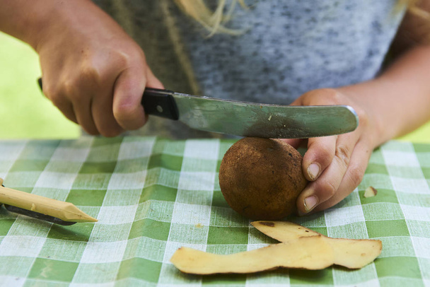 Çocuk detayını soyma taze sarı patates mutfak bıçağıyla eller. Dışarıda bahçede.  - Fotoğraf, Görsel