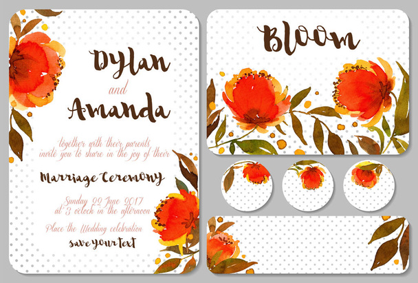 Watercolor set of backgrounds with flowers and leaves. - Photo, Image