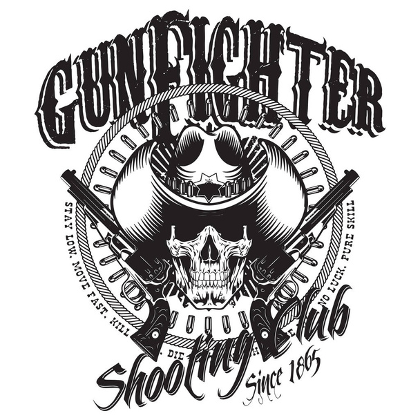Design Gunfighter. Koponya a cowboy kalap, két keresztbe a fegyverét és golyót - Vektor, kép