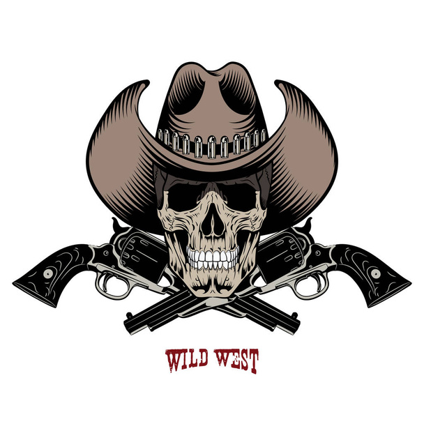 Skull in cowboy hat and two crossed gun - Vector, Image