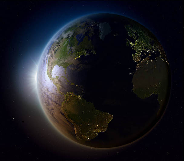 Puesta de sol sobre el hemisferio norte desde el espacio
 - Foto, Imagen