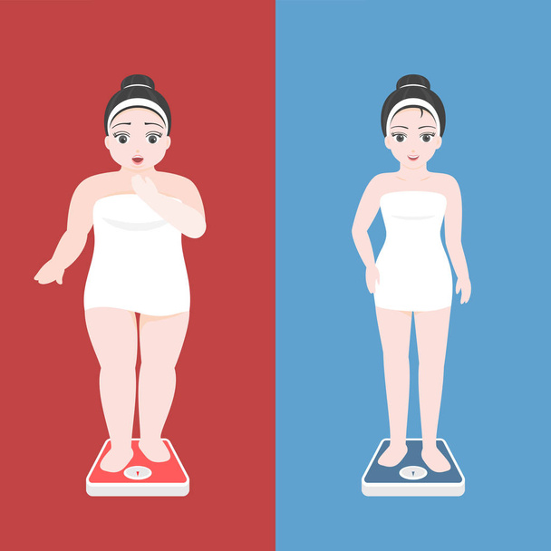 overweight women in towel on scale and beautiful girl in normal weight on scales, obesity illustration concept - Vector, Image
