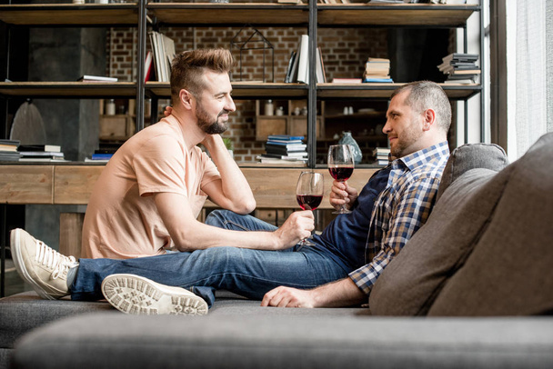 homosexual couple drinking wine on sofa - Φωτογραφία, εικόνα