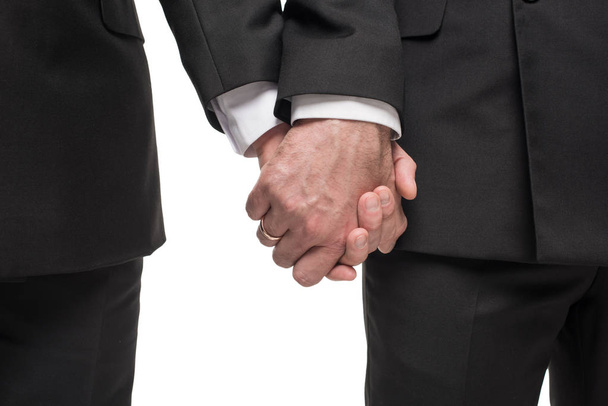 ομοφυλόφιλο ζευγάρι στα κοστούμια, κρατώντας τα χέρια - Φωτογραφία, εικόνα