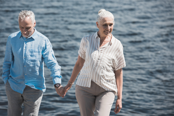 séta a folyóparton, mosolygó idős házaspár - Fotó, kép