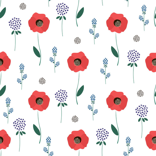 Floral pattern on white background. Cute spring flowers seamless background - clover, red poppies. - Вектор,изображение
