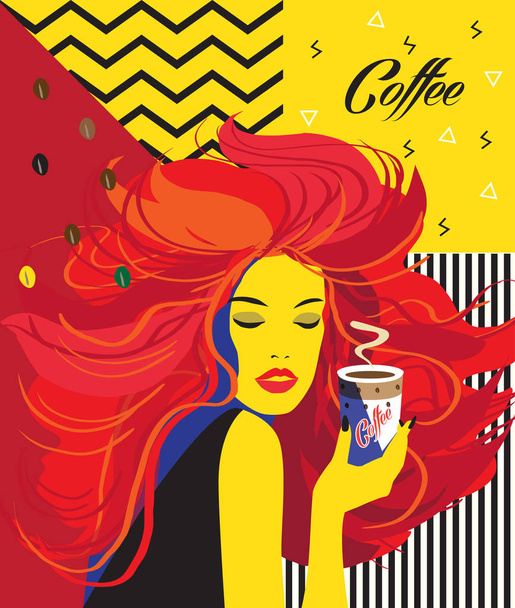Женщина, пьющая чашку кофе Искусство современный фон, логотип, меню, концепция искушают Рекламный дизайн плакат обои в стиле футуризм. Красивая девушка, кофейные зёрна, чай, капучино на завтрак. Кофейные зерна. Векторная иллюстрация
 - Вектор,изображение