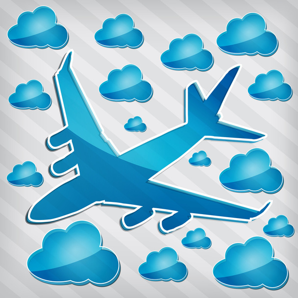 transparantie viermotorige passagiersvliegtuig in de lucht met blauwe cloud - Vector, afbeelding