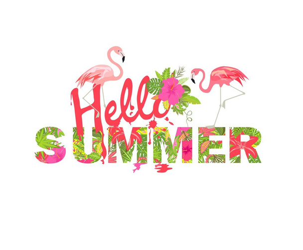 Colorful print with hello summer lettering, exotic flowers and flamingo - ベクター画像