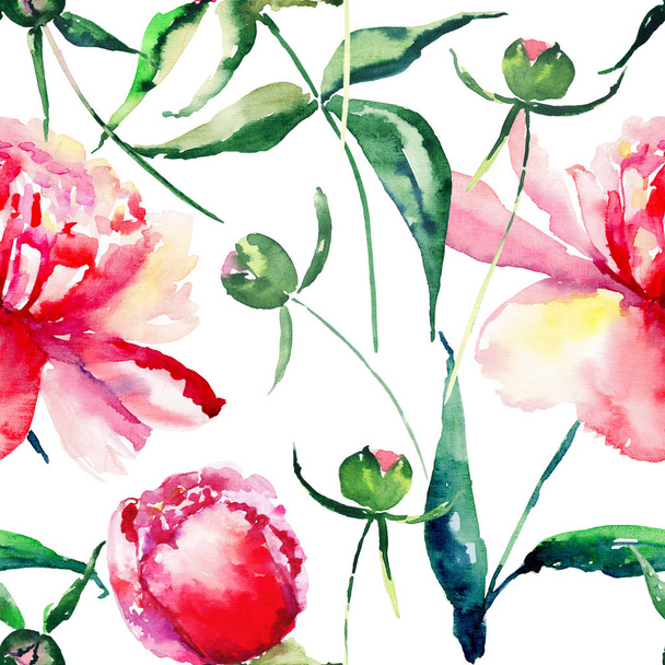 Beautiful delicate tender cute lovely floral colorful spring summer pink, red, orange peonies with green leaves and buds pattern watercolor hand sketch - Foto, Bild