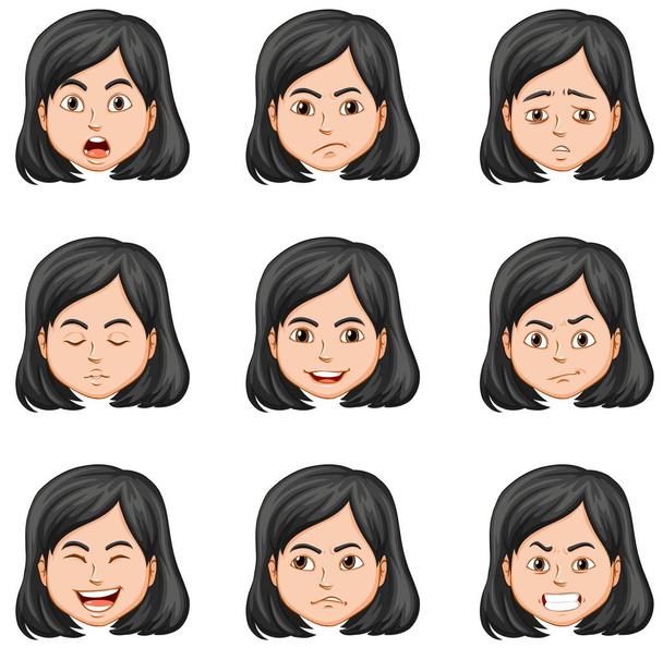 Woman and different facial expressions - Vector, Image