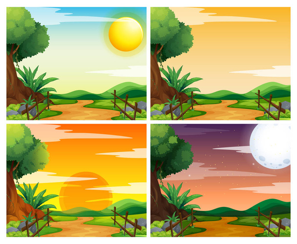 Τέσσερις σκηνές του ηλιοβασιλέματος στην εξοχή - Διάνυσμα, εικόνα