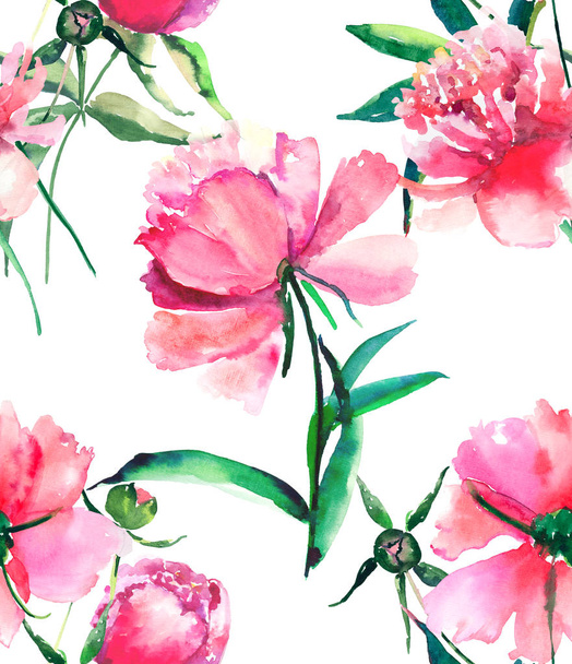 Bright cute tender lovely beautiful wonderful spring floral herbal pink peony with green leaves and buds watercolor hand illustration. Perfect for greeting card, textile design - Photo, image