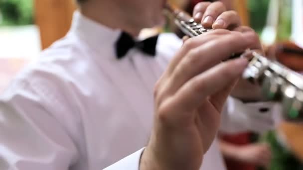 O músico toca flauta. Flutista profissionalmente tocando flauta na festa de casamento
 - Filmagem, Vídeo