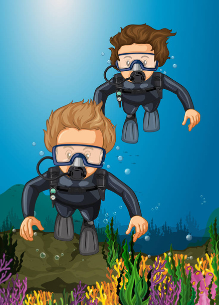 Два ныряльщика ныряют под океан
 - Вектор,изображение