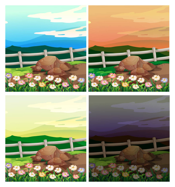 Escenas de campo con cuatro colores diferentes del cielo
 - Vector, imagen