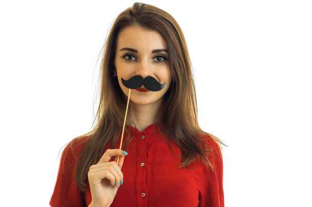 beautiful young woman with moustache - Φωτογραφία, εικόνα