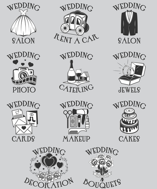 Vektor Set von Hochzeits-Piktogrammen. schwarze Umrisse Heiratsfeier Symbole und isolierte Symbole für Website-Design und mobile Apps. schwarz-weiß - Vektor, Bild
