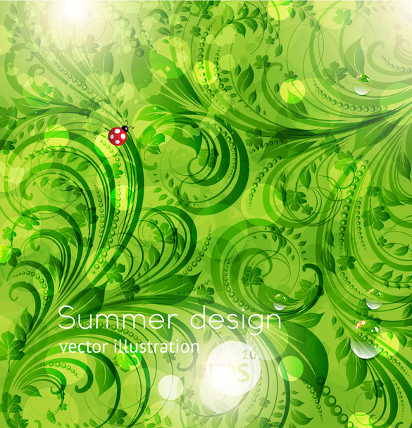 Abstract bright summer or summer vector floral background with flowers, ladybird and sun shine - Vector, Image