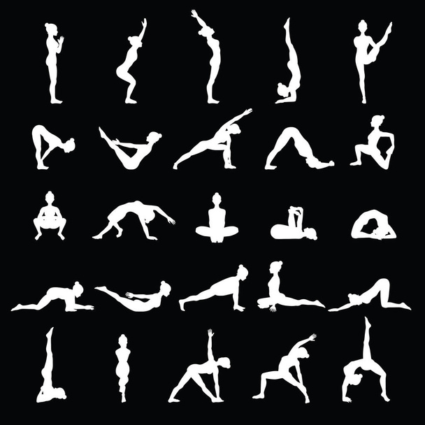 Vrouwen silhouetten. Collectie van yoga houdingen. Instellen van asana. - Vector, afbeelding