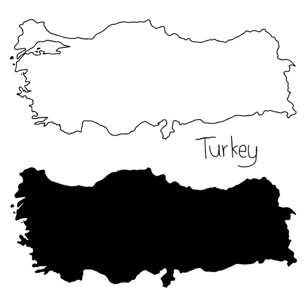 outline and silhouette map of Turkey - vector illustration hand drawn with black lines, isolated on white background - Vector, Image
