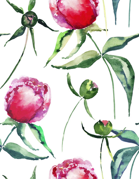 Beautiful tender gentle wonderful lovely cute spring floral herbal peonies with green leaves pattern watercolor hand sketch. Perfect for greeting and birthday card, wedding, invitation, textile design - Φωτογραφία, εικόνα