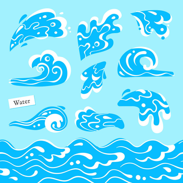 Conjunto de olas marinas o oceánicas aisladas, salpicaduras de agua y un patrón inconsútil de corriente marina. Forma de vendaval de marea con espuma
. - Vector, Imagen