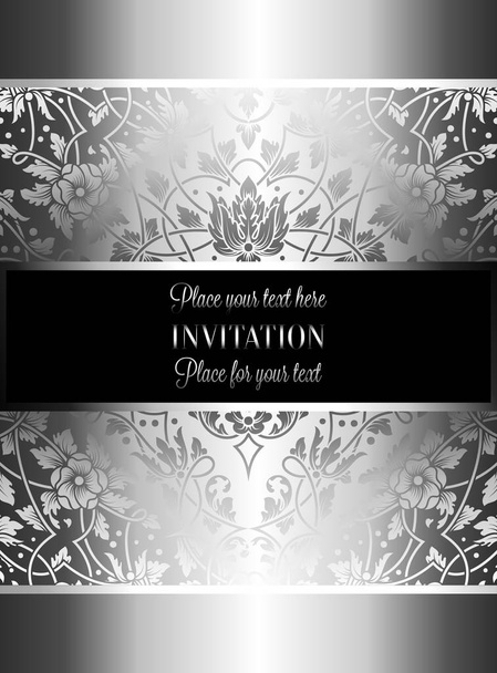 Floral invitation card with antique, luxury silver and gray vintage frame and ornamental lacy background,victorian banner,exquisite wallpaper ornament, baroque style fashion pattern, design template - Vector, Image