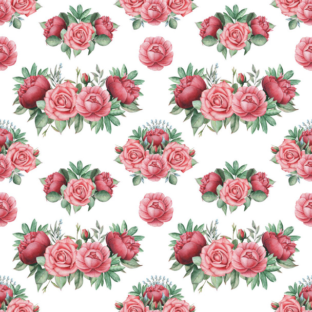 Seamless watercolor pattern with flowers and leaves, isolated on white background - Photo, image
