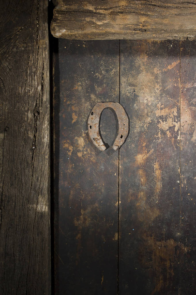 Rusty horseshoe on the old door - 写真・画像