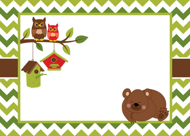 Vector Card Template with a Cartoon Bear, Owls on the Branch, Birdhouses on Chevron Background. - Vektör, Görsel
