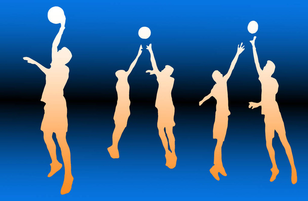 silhouet van de man spelen basketbal op blauwe achtergrond - Foto, afbeelding