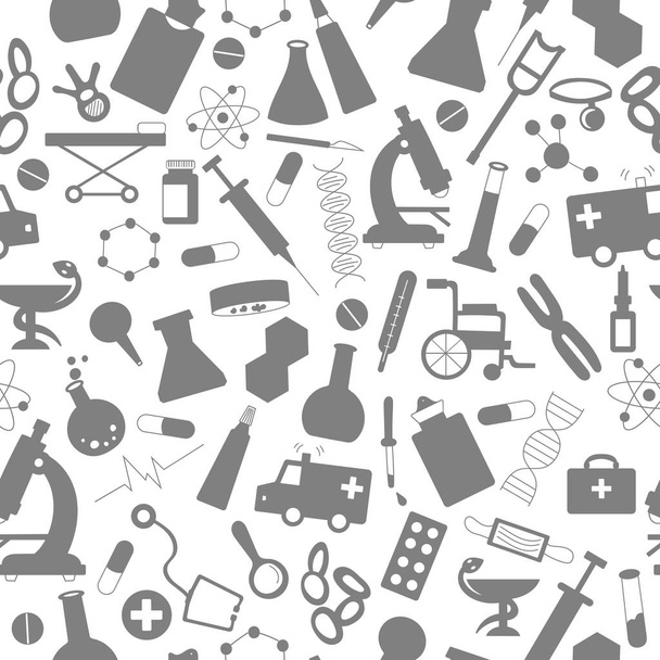 Padrão sem costura com ícones desenhados à mão em um tema medicina e saúde, uma silhueta cinza de ícones no fundo branco
  - Vetor, Imagem