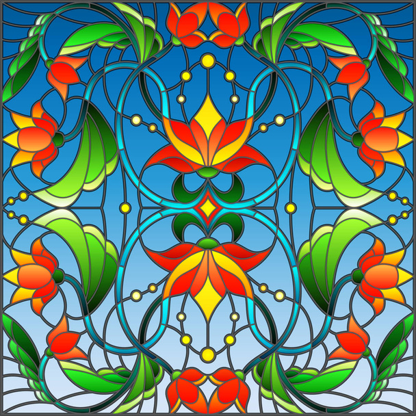 Illusztráció ólomüveg stílusban absztrakt kavarog, virágok és levelek, kék háttérrel - Vektor, kép