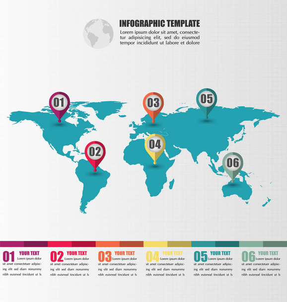 Płaska mapa świata infografikę szablon z numeru wskaźnika znaki, Info graficzny koncepcja - Wektor, obraz