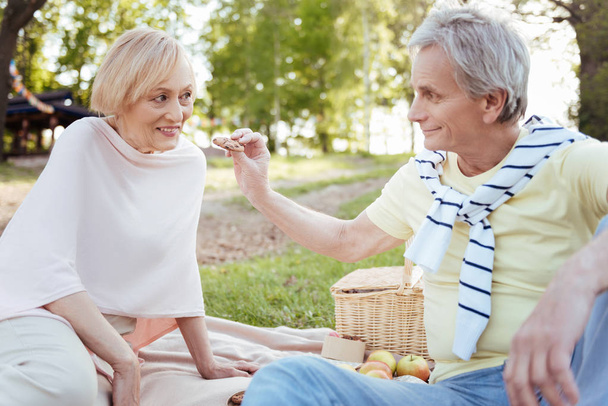 Caring pensioners having picnic in the park - Zdjęcie, obraz