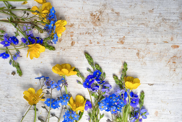 Frame from two small bouquets of wild flowers, buttercup and forget me not on the old painted white wooden background, top view, with copy space for your text - Photo, Image