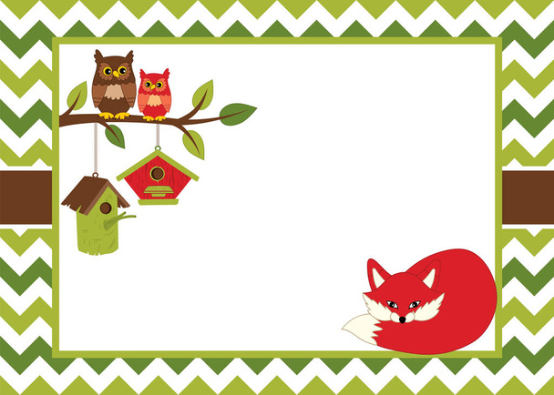 Vector Card Template with a Cartoon Fox, Owls on the Branch, Birdhouses on Chevron Background. - ベクター画像